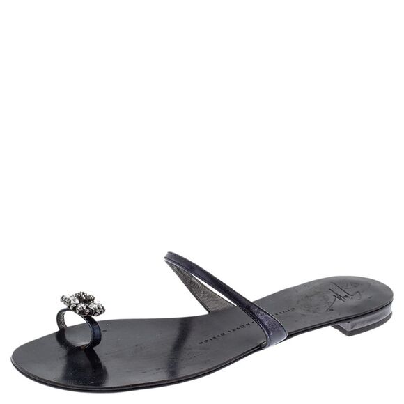 Giuseppe Zanotti Black Leather Crystal Embellished Toe Ring Flats Size 38 - Picture 1 of 4